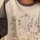 Animecore aesthetic shirt: Illustration of a character with Japanese text on a white t-shirt.