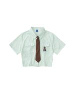 Light green striped preppy kawaii clothes short shirt with tie and pin.
