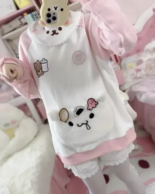 Pink Embroidered Sweater - Jojifuku aesthetic sweater with character embellishments.