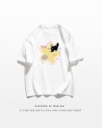 White t-shirt with a kawaii 'scaredy-cat t-shirt' design featuring a black cat and stars.
