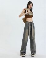 High Waist Long Jeans - Y2K Aesthetic, wide-leg denim pants with tie detail.