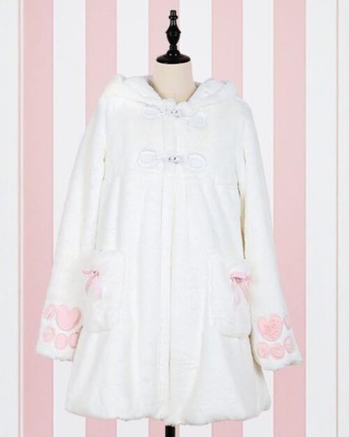 White pink neko fur coat, hooded, with paw and rose details.