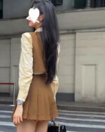 Korean three-piece suit - College Aesthetic, featuring a cream blouse and brown pleated skirt.