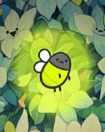 Cute yellow firefly plush keychain among green leaves.