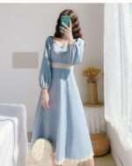 Light blue Retro Square Collar Dress - French Aesthetic with puff sleeves and lace details.