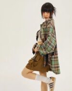 Casual Retro Plaid Shirt - Y2K Aesthetic plaid shirt worn by a model.