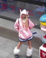 Pink Loose Thick Feathered Hoodie - Harajuku Aesthetic worn by a person, featuring animal ears and fluffy sleeves.