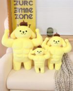 A set of yellow sanrio muscular plushies, featuring a bulldog design.