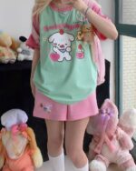 Kawaii Sweet Wishes Tee - Lolita Aesthetic shirt layered with a pink hoodie, featuring cute character designs.
