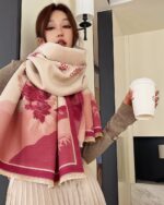 Vegan cashmere scarf featuring a floral pattern, wide and soft wrap.