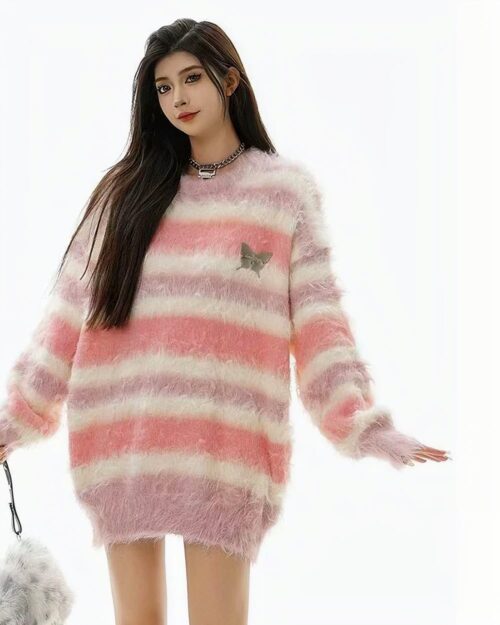Striped fluffy sweater in a Korean aesthetic, featuring a pink and white color scheme.