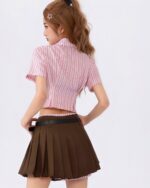 Pink and white striped Japanese Style Short Shirt - preppy kawaii clothes worn by a model.