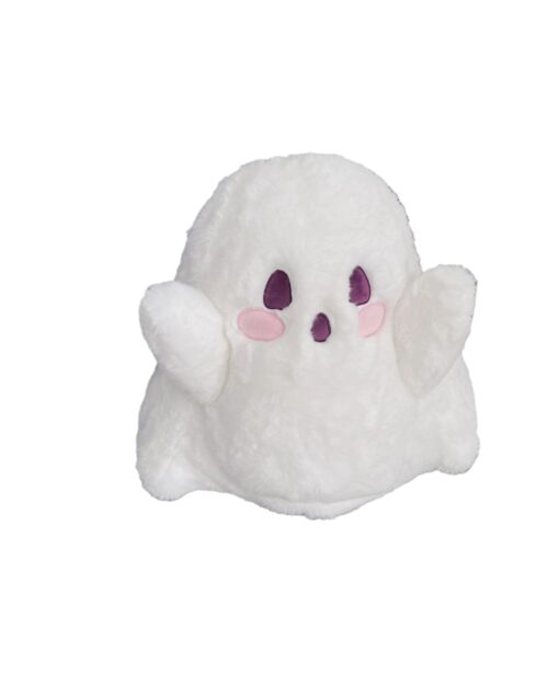 White ghost plushie backpack, soft and adorable design.