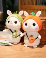 Two kawaii bunny plushies dressed as avocado and carrot, aesthetic rabbit toy.