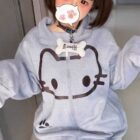 Cute Neko Print Gray Hoodie - Harajuku Aesthetic word1