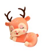 Soft baby deer plushie, cute stuffed animal toy, pink and brown color.