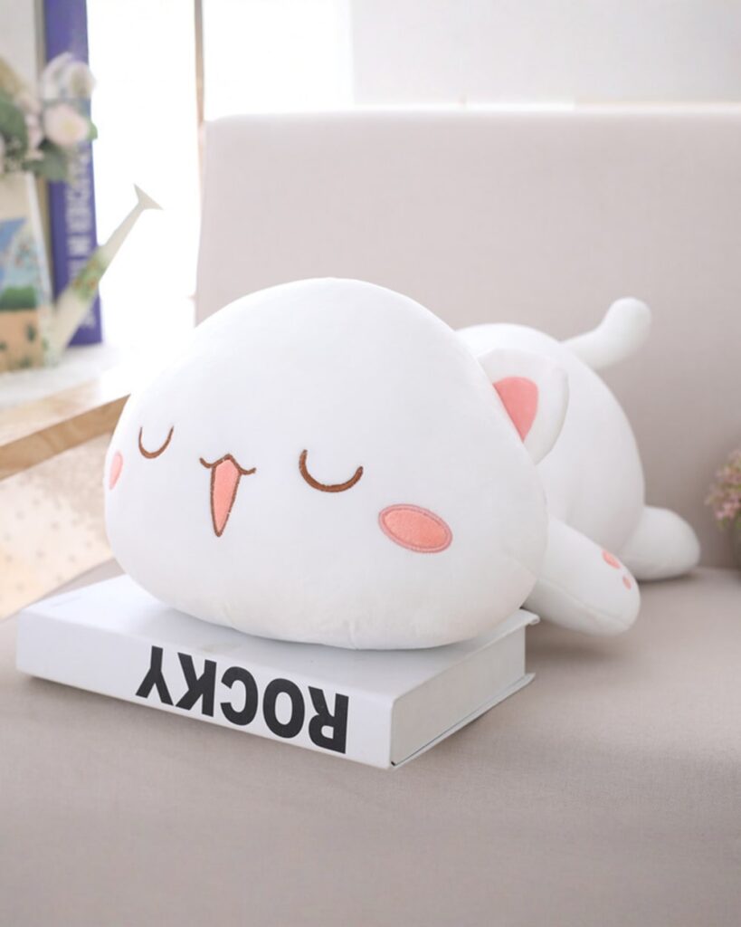 Kawaii Mochi Peach Cat Plushie, a soft and cute stuffed animal.