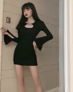 Slim-fit flared sleeves gothic aesthetic dress in black, featuring a high neckline and long sleeves.