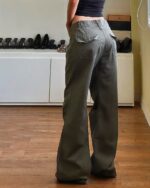 Olive green American Style High Waist Pants - Y2K aesthetic, wide-leg fit.