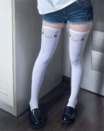 Kawaii kaomoji cute stockings featuring animal faces, white thigh-high socks.