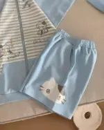 Blue japanese striped loungewear set with cat and dog embroidery, kawaii style.
