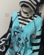 Harajuku Long-Sleeved Stripped Shirt in yami kawaii aesthetic featuring a detailed graphic print.