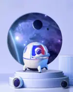Kawaii mini spaceship humidifier on a pedestal with a space background.