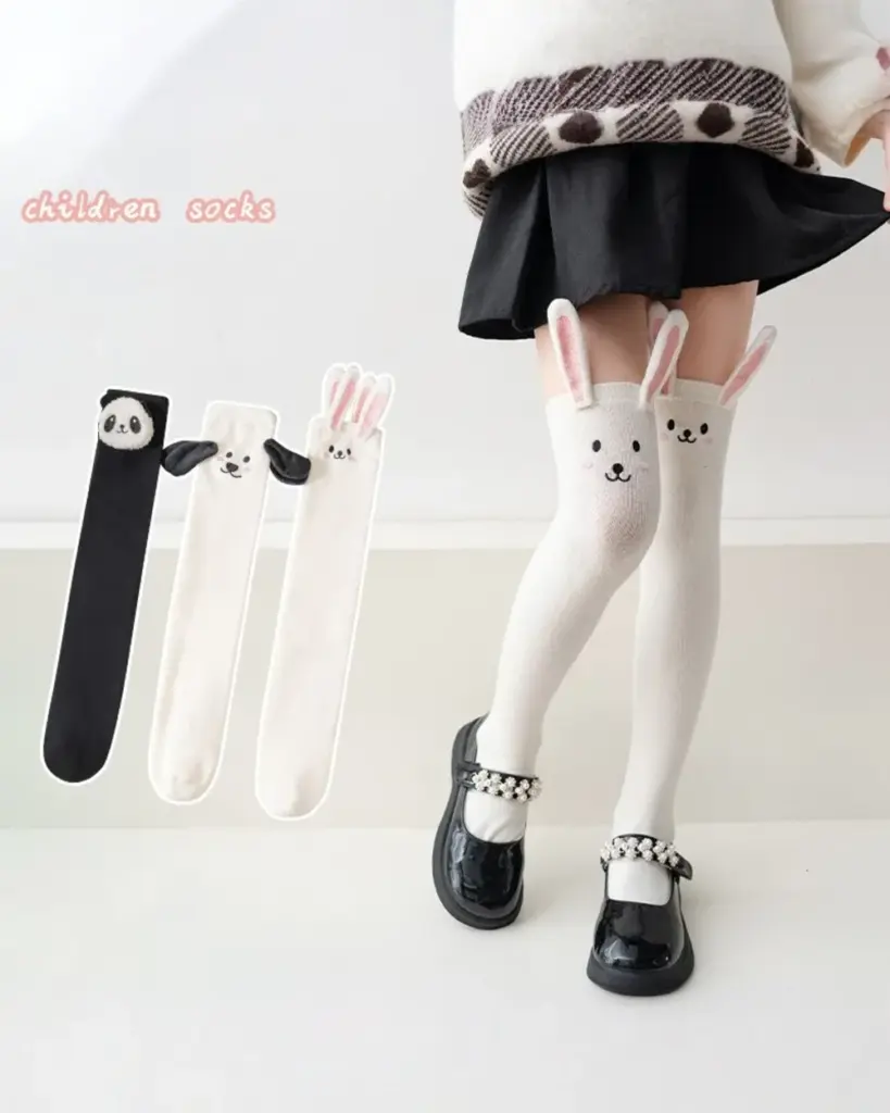 Kawaii animal stockings featuring panda and rabbit designs, children's socks.