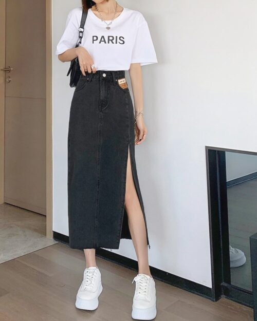 Black korean denim skirt with a slit detail, long length.