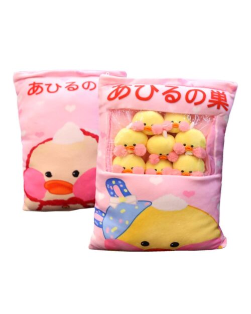 Big Bag of LaLafanfan Plushies featuring cute duck plushies inside a pink bag.