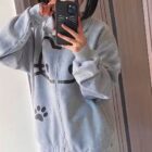 Cute Neko Print Gray Hoodie - Harajuku Aesthetic word1