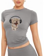 Gray Jam Cat T-shirt featuring a sleeping cat and headphones.