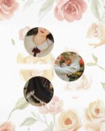 Collage showing details of a French-Style Dress - Cottagecore Extended Edition, featuring floral patterns and lace trim.