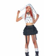 Model wearing a rabbit ears hoodie. Cute kawaii clothes with a white star print.