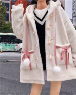 Cream kawaii hooded coat with a fluffy hood, ribbon details, and decorative pom-poms.
