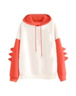 White and orange dinosaur hoodie with a drawstring hood and arm details.