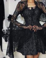 Black mesh gothic aesthetic top with long lace sleeves and ruffled detailing. A dramatic, dark fashion piece.