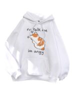 White no talk me im angy hoodie with a cat graphic and text.