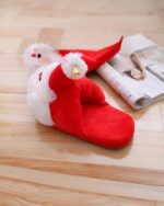 Red santa cotton slippers with fluffy trim and a bell. Christmas Collection.