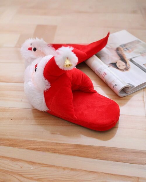 Red santa cotton slippers with fluffy trim and a bell. Christmas Collection.
