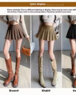 Three vintage aesthetic mini skirts displayed in brown, khaki, and black colors. High waist pleated style.