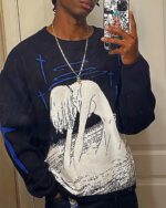 Dark anime aesthetic sweater featuring a white swan design with blue accents. The End of Eva.