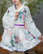 White short floral kimono with peacock and floral details, Japanese aesthetic.