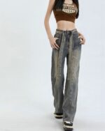 High Waist Long Jeans - Y2K Aesthetic, wide-leg denim pants with a distressed design.