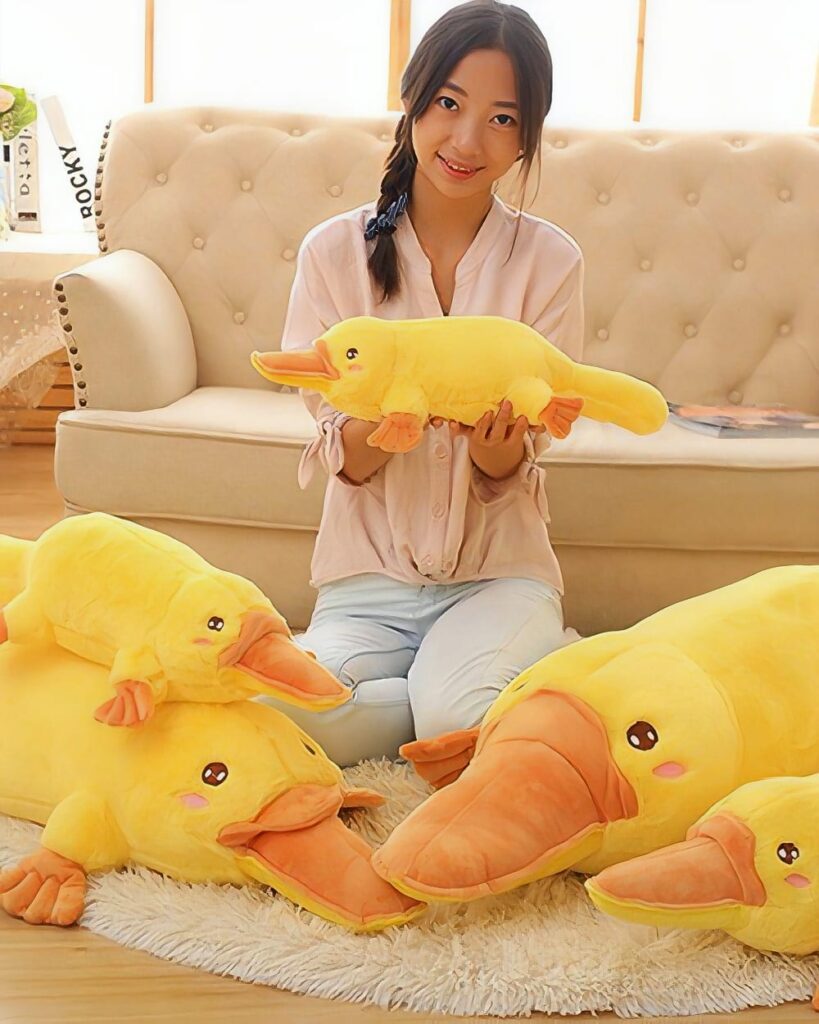 Two yellow kawaii platypus plushies displayed with a person.