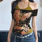 Butterfly Print Off-shoulder T-shirt - Y2K Aesthetic word2