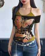 Butterfly y2k t-shirt featuring a detailed floral and butterfly graphic on a black base.