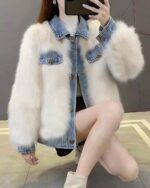 White denim fur coat with denim jacket sleeves, y2k aesthetic.