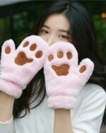 Pink neko paw winter gloves with brown paw details, featuring a soft, fluffy material.