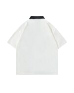 White cat graphic tee back view, short-sleeved kawaii shirt with black collar trim.